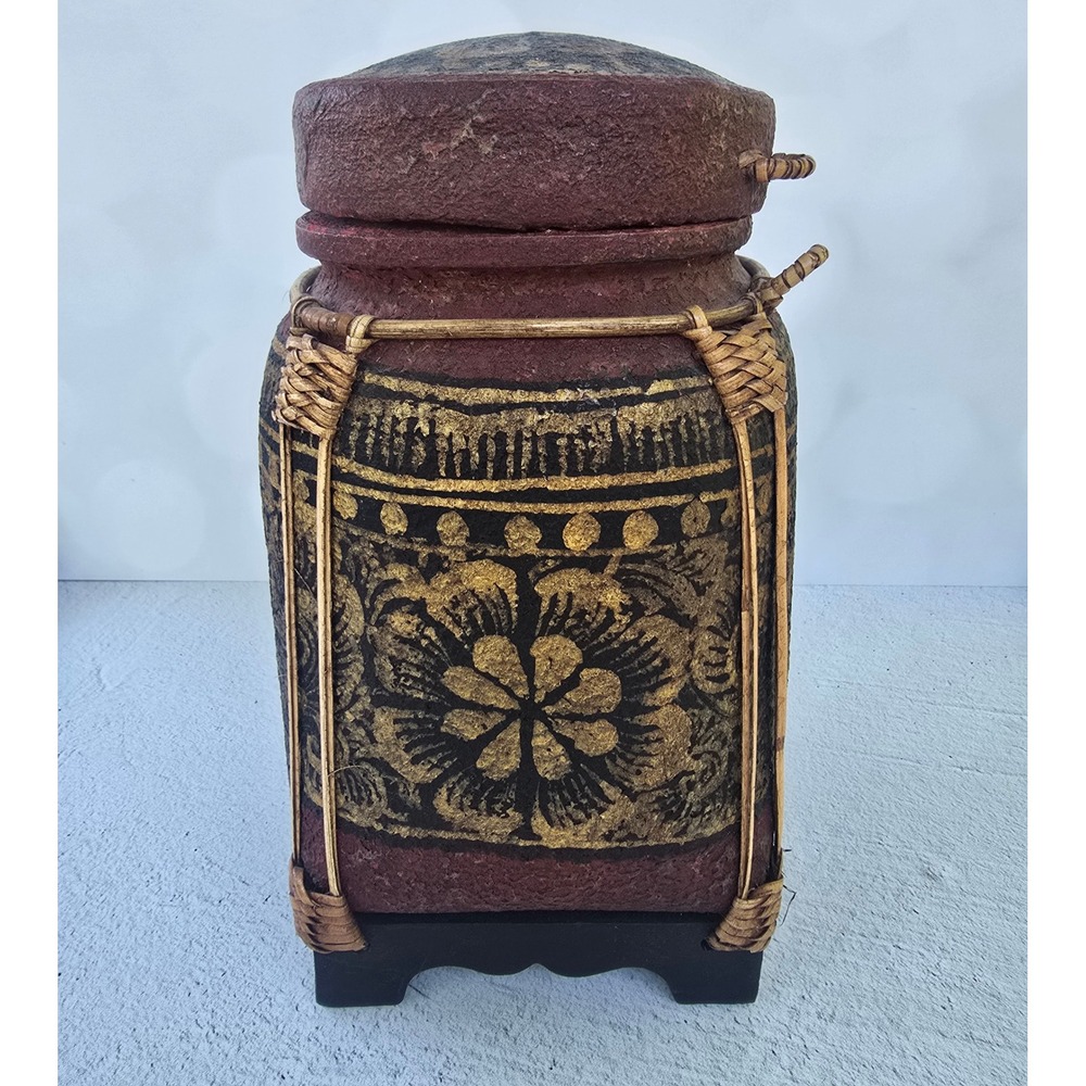 Vintage Hand Painted Folk Art Storage Jar Canister Rattan Bamboo Decor Vessel
